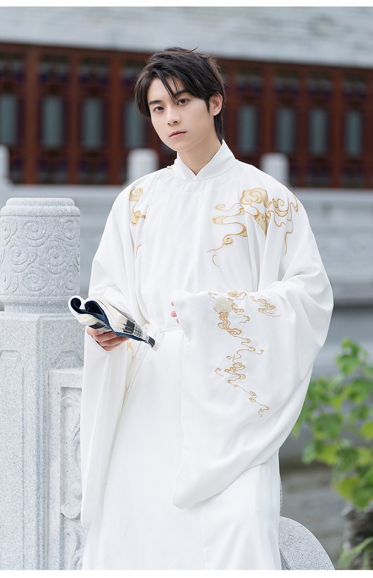 汉服男士中国风汉元素重工刺绣白色仙气书生宋制圆领袍阑珊春秋装