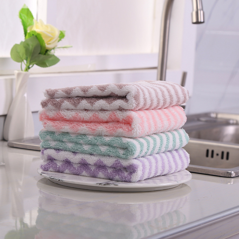 Household Household Household Coral Velvet Rag Simple Wave Pattern Scouring Pad Dishcloth Decontamination Absorbent Kitchen Hand Towel