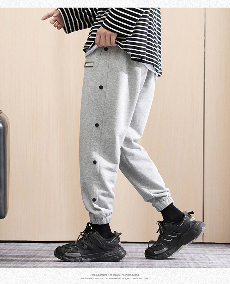 冬季保暖裤男港风排扣裤侧条纹收口运动休闲裤加绒宽松束脚裤潮流