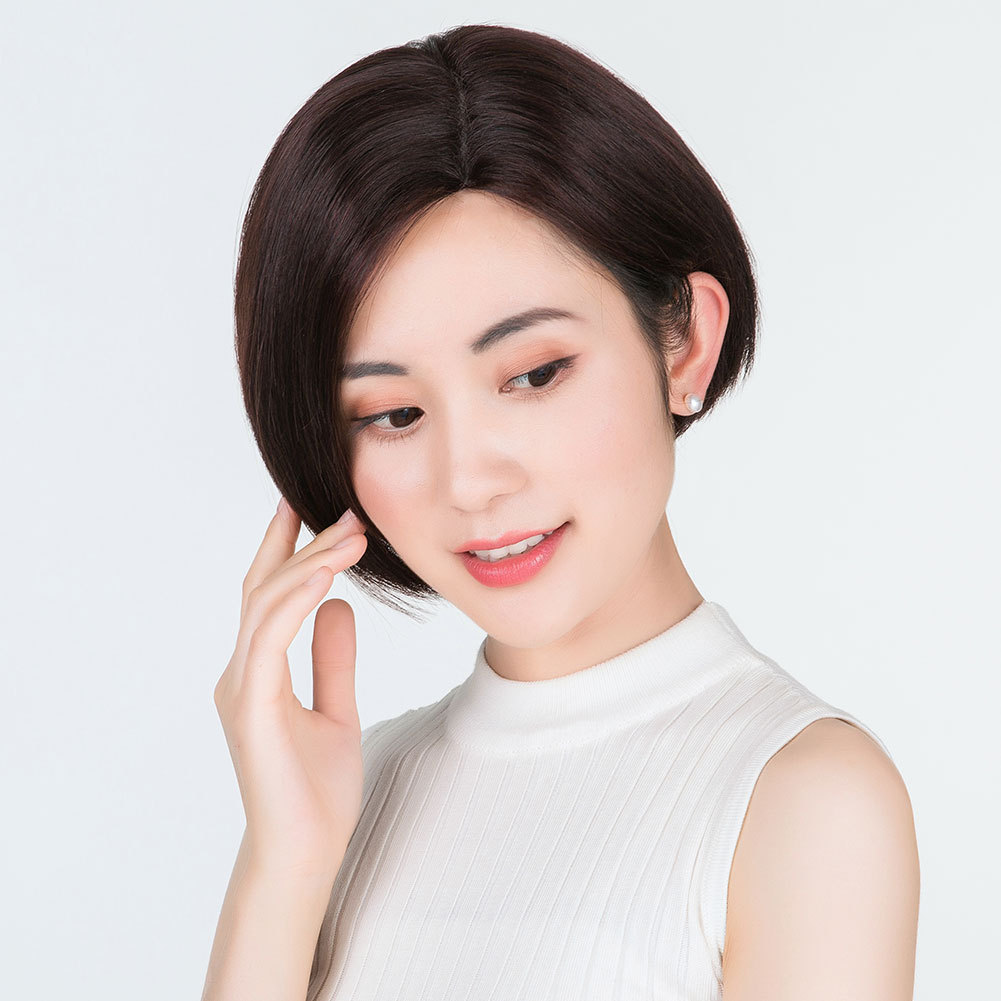 假发女短发真人发丝偏分bobo波波头真发偏分圆脸短直发手织全头套