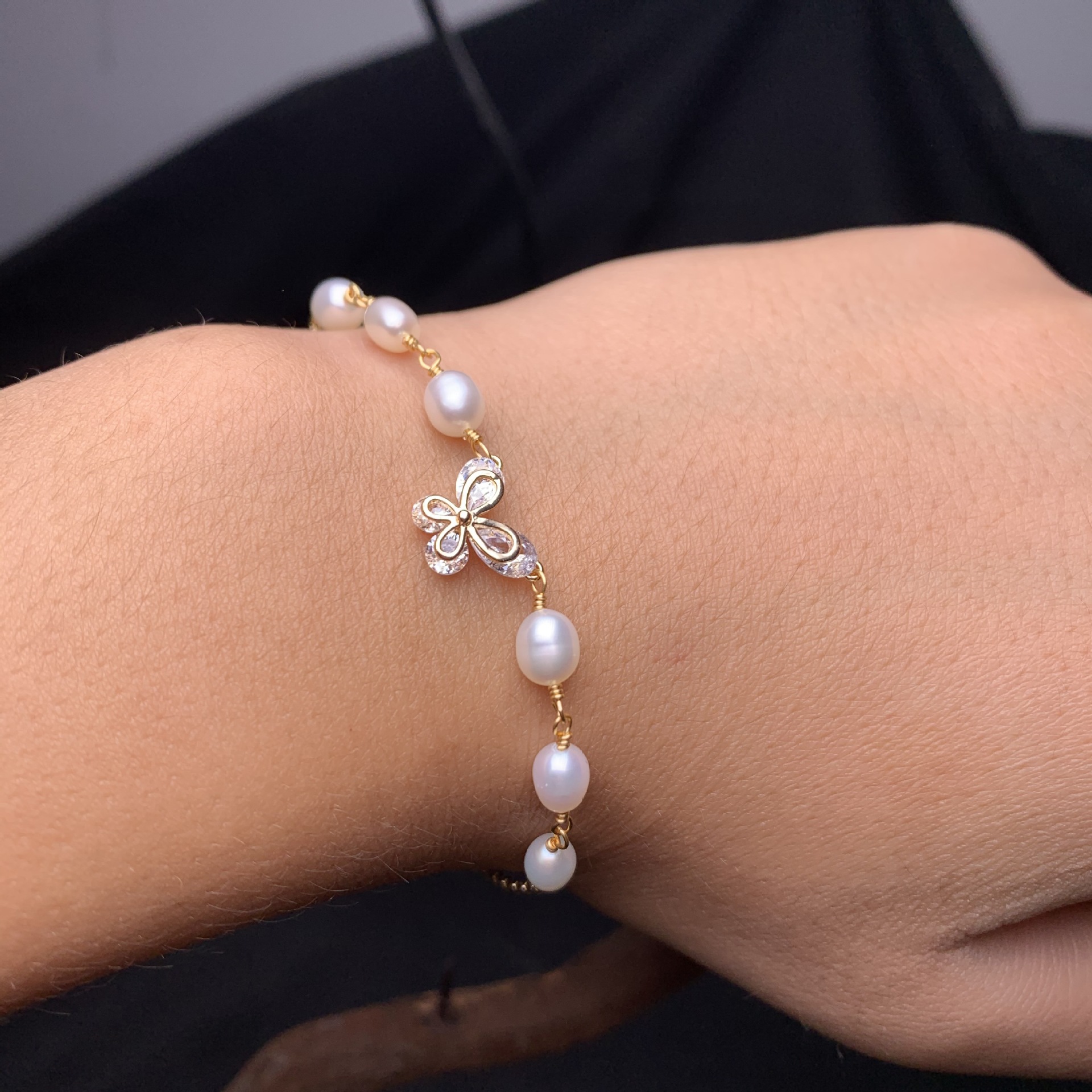 14k手工绕线手链 锆石蝴蝶珍珠手链 时尚米珠手链-阿里巴巴