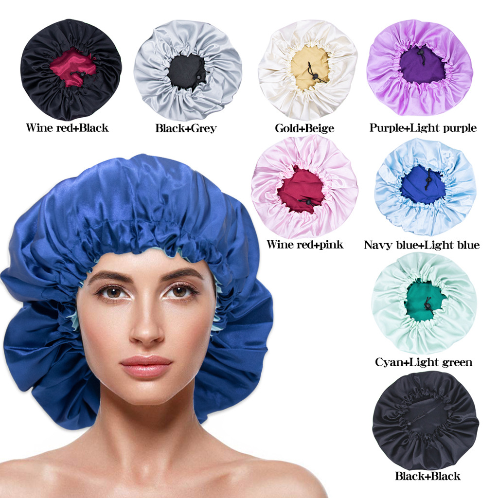 satin shower cap with logo women‘s fashion stretch hair cap button wash cap factory direct