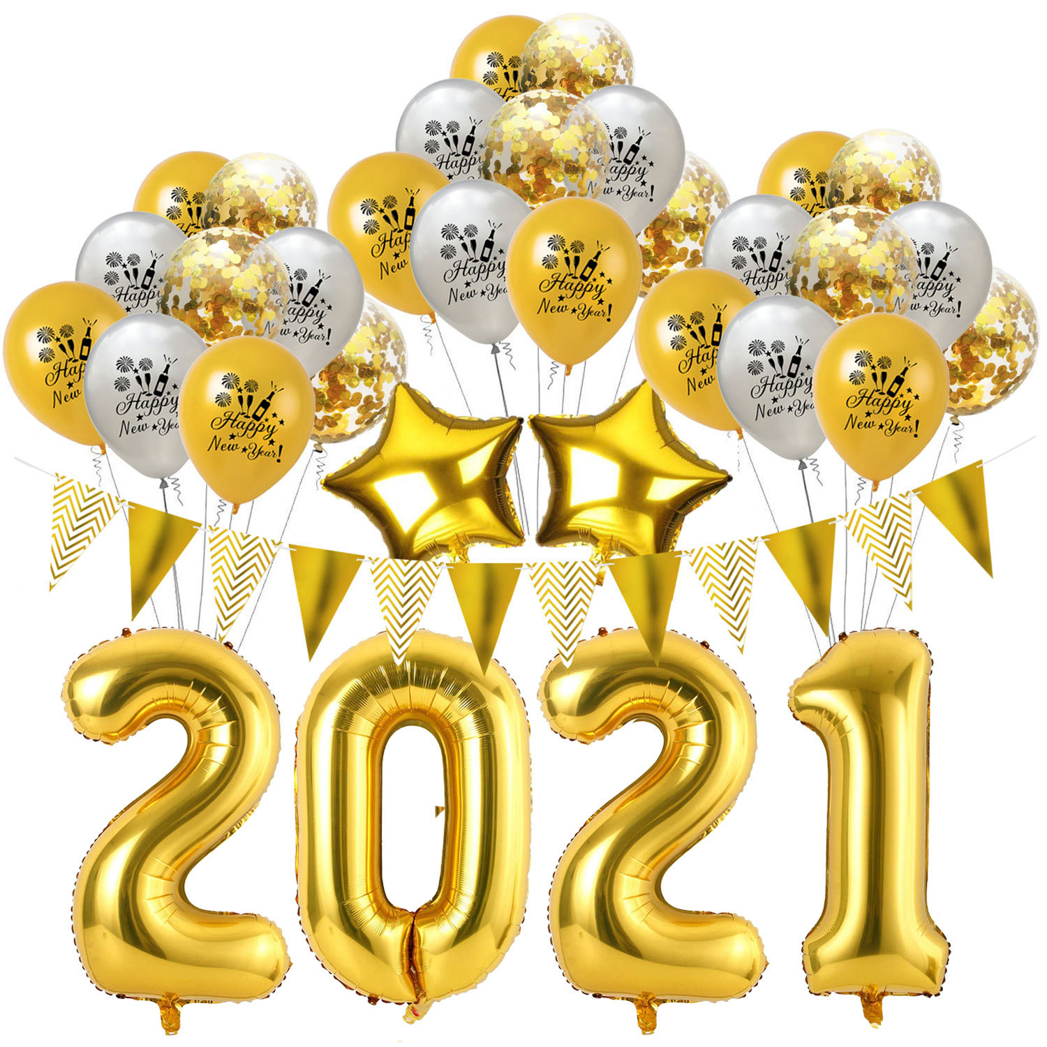 亚马逊2021年黑金色新年快乐气球套装happy new year新年派对装饰