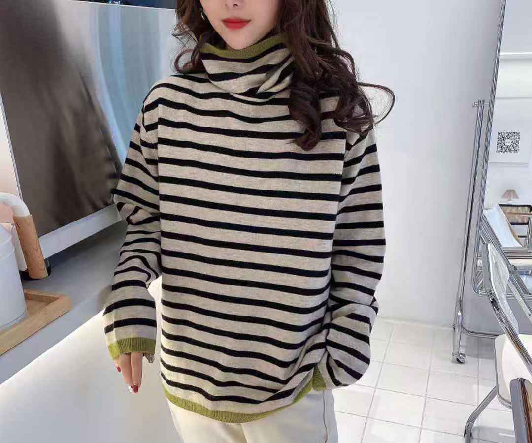 011777拼色高领条纹针织衫女冬季2020新款简约内搭毛衣打底衫上衣