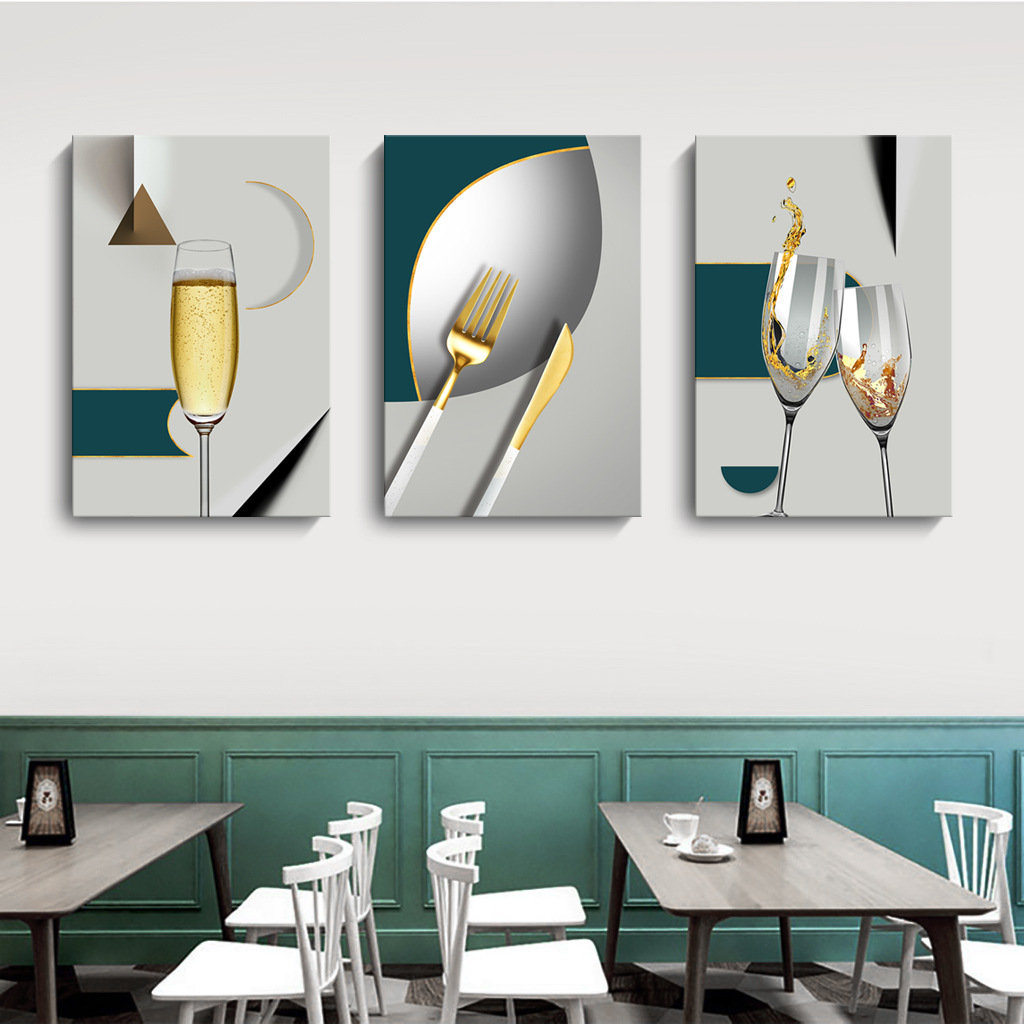 创意轻奢餐厅装饰画北欧 金色酒杯香槟刀叉餐具几何抽象餐厅挂画