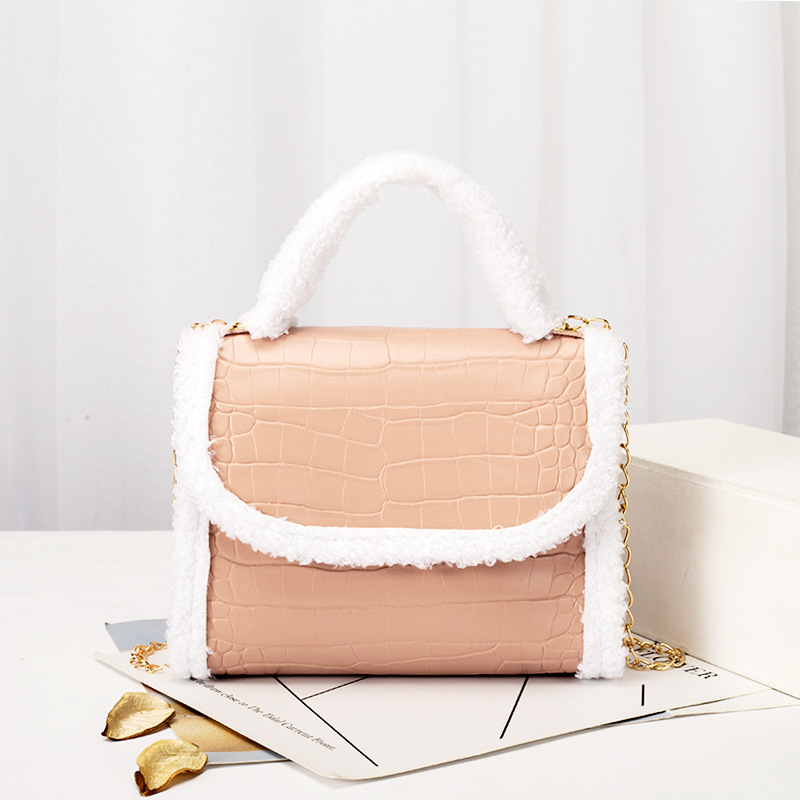2022 Fall Winter Fashion Fluff Contrast Color Women's Bag Sweet All-Matching Shoulder Handbag Three-Dimensional Stone Pattern Mobile Phone Bag