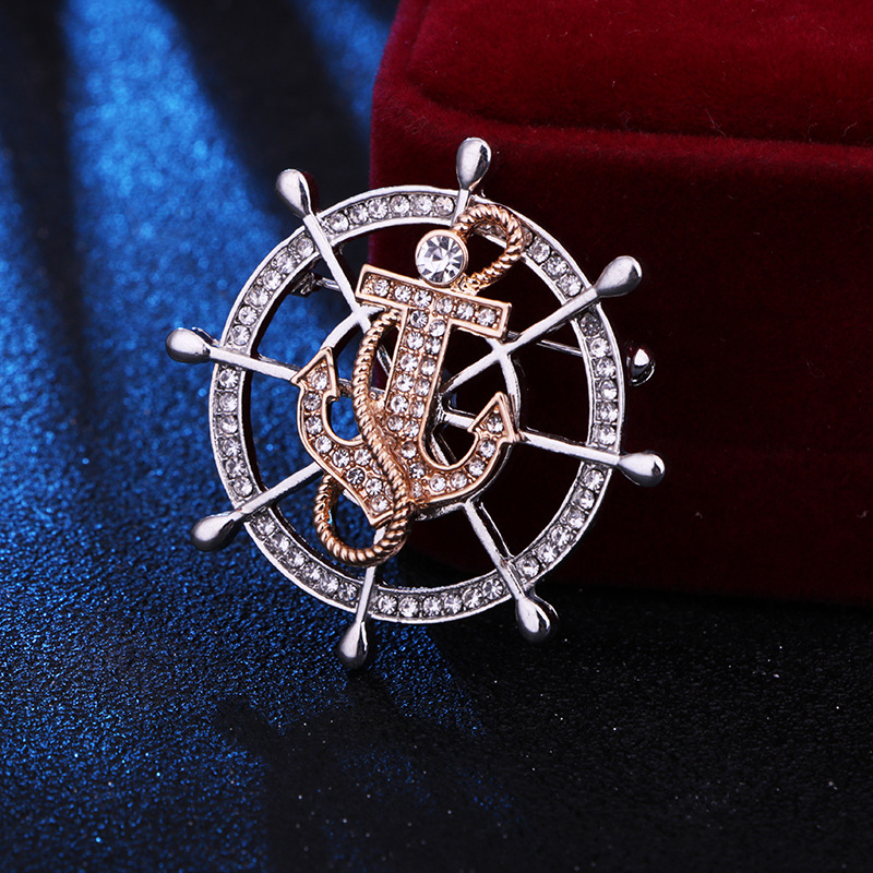 欧美海军风度假胸针男士满钻船舵舵锚别针高档双色胸花外套配饰品