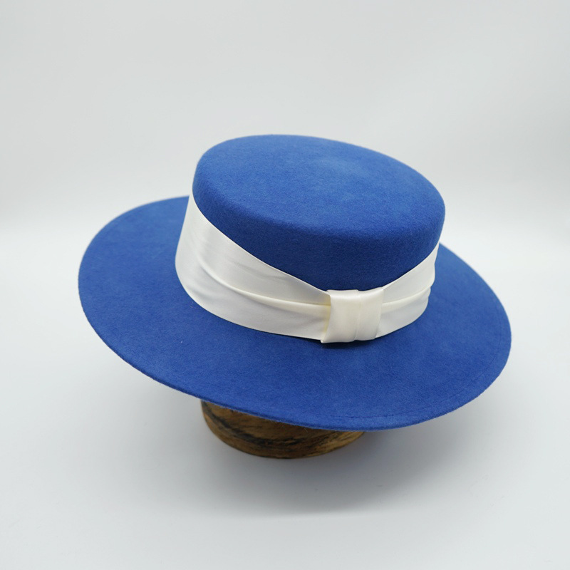 ins网红同款蓝色羊毛呢宽檐平顶礼帽女秋冬英伦复古百搭韩国毛毡
