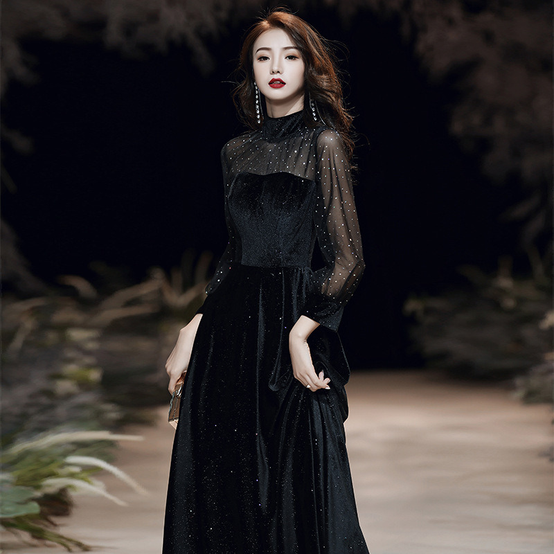 黑色礼服2021新款女王年会连衣裙气质长款平时可穿蕾丝宴会晚礼服