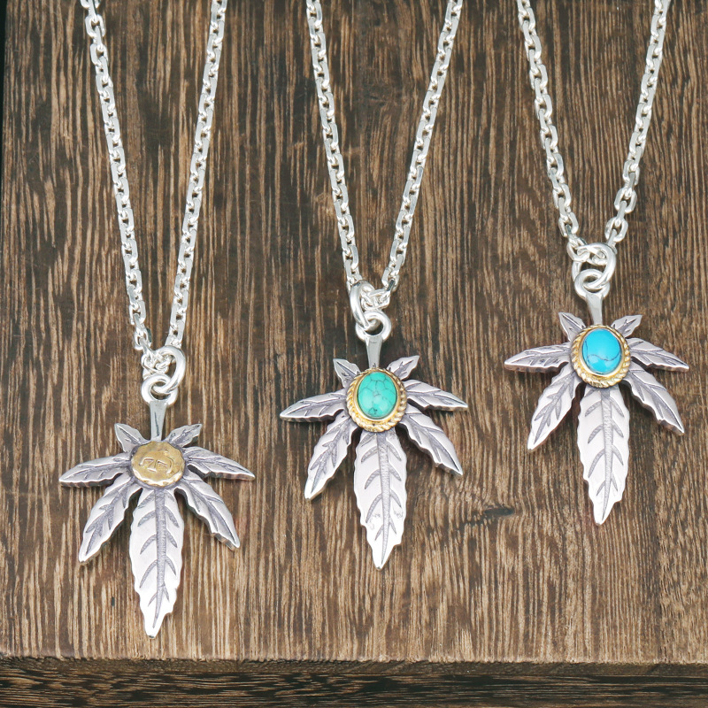 朋克风日韩s925纯银饰品泰银项链绿松石枫叶高桥吊坠男版个性项坠