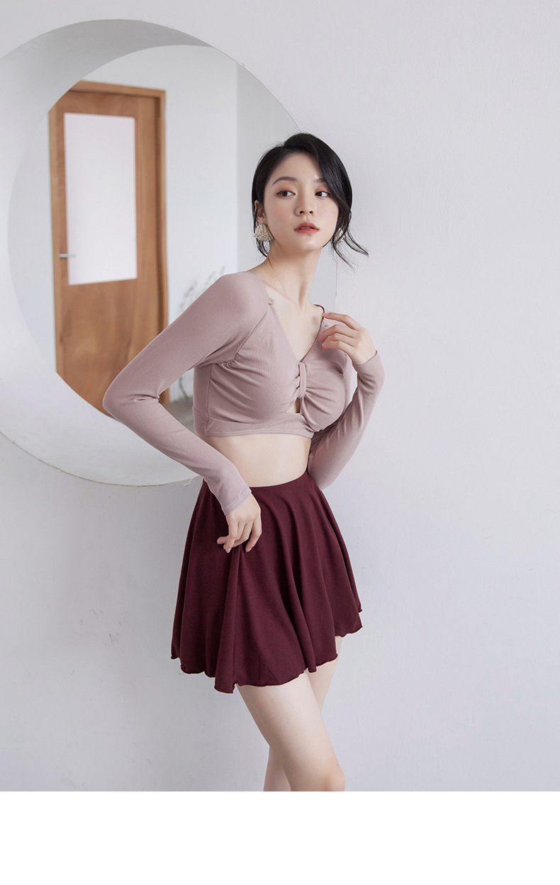 网红多色款泳衣女性感修身高腰遮肚长袖保守分体裙式比基尼三件套