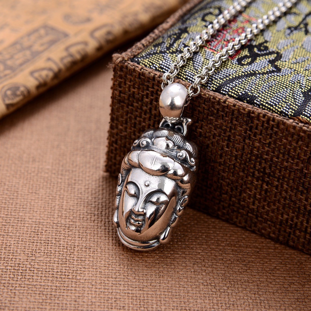 佛头s925纯银菩萨吊坠男士佛头银饰品圆珠项链复古钦城银店泰银