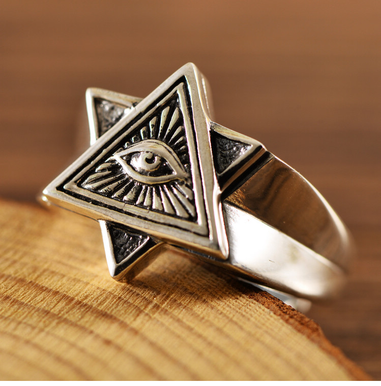 小黑银饰s925纯银欧美时尚全知上帝之眼戒指开口个性男指环批发