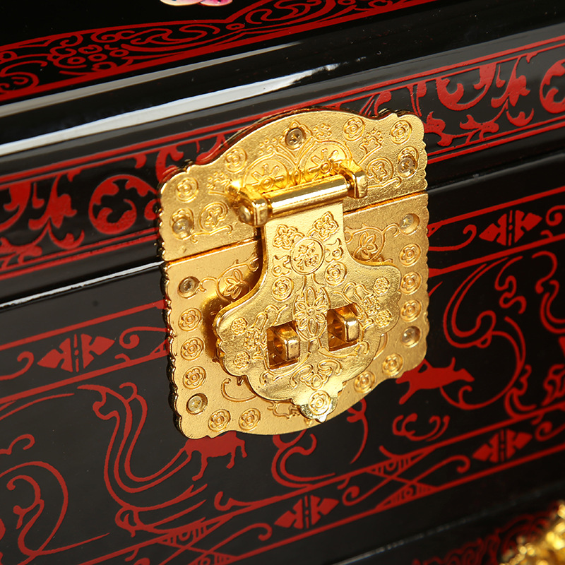 Marriage Dowry Supplies Chinese Retro Jewelry Storage Box Vanity Box Wooden with Lock Portable Jewelry Box