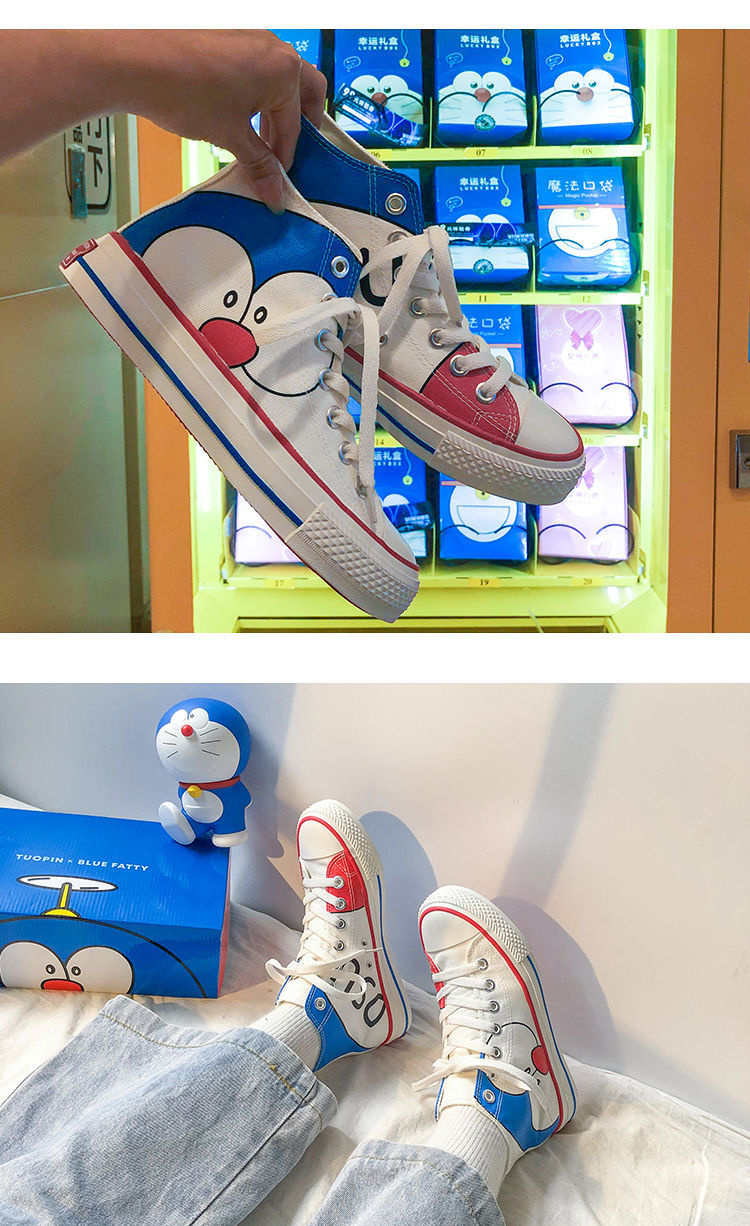 秋夏帆布鞋联名款哆啦a梦板鞋日系动漫高帮鞋男女学生休闲运动鞋