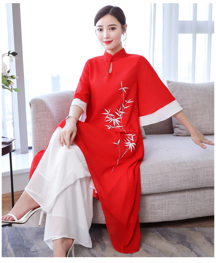 2020禅服民国风春夏女装红色雪纺连衣裙禅舞演出很仙连衣裙两件套