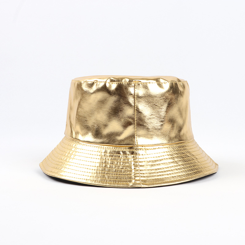 高端漆皮金银粉三色渔夫帽男女原宿双面戴盆帽户外休闲可折叠帽子