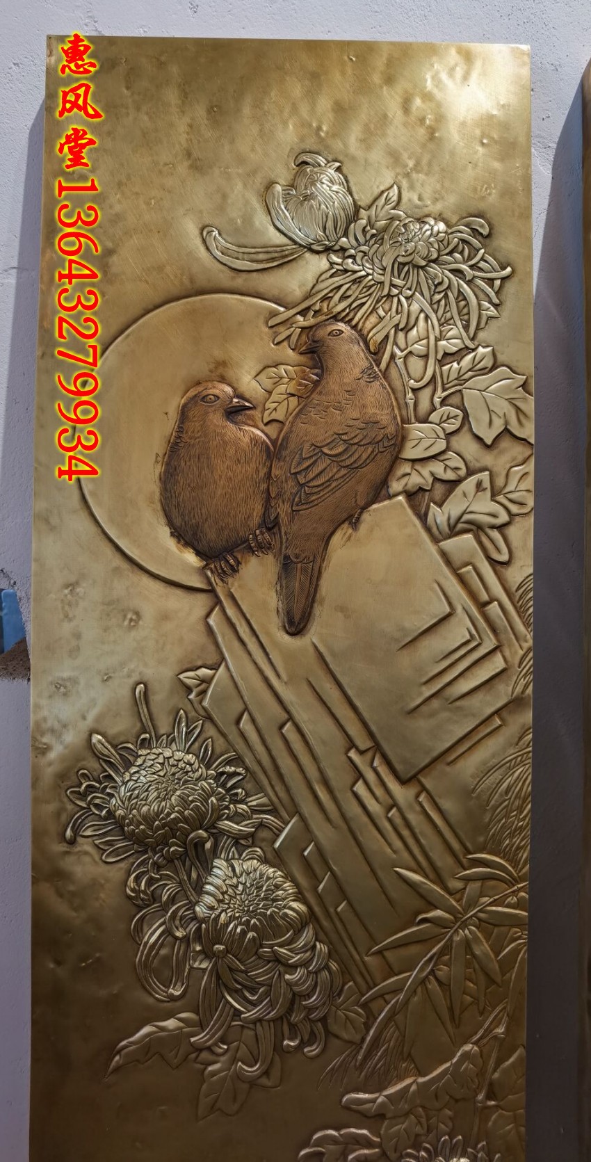 锻铜浮雕画花鸟四条屏梅兰竹菊定制手工錾刻紫铜黄铜工艺画装饰画