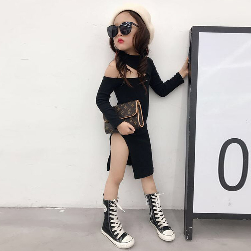 童装初秋新款女童斜肩弹力包臀裙修身连衣裙儿童走秀款时尚潮款