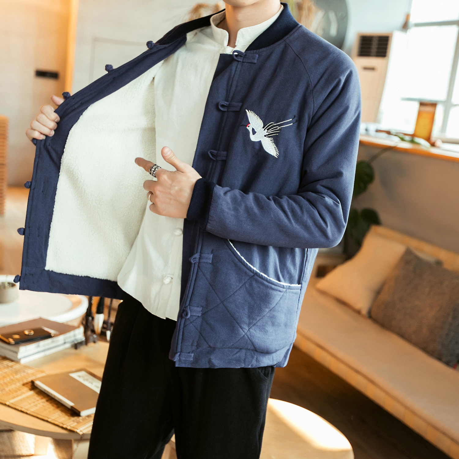 中国风棉服外套加绒加厚男装刺绣棉衣盘扣棉袄男士羊羔毛汉服唐装