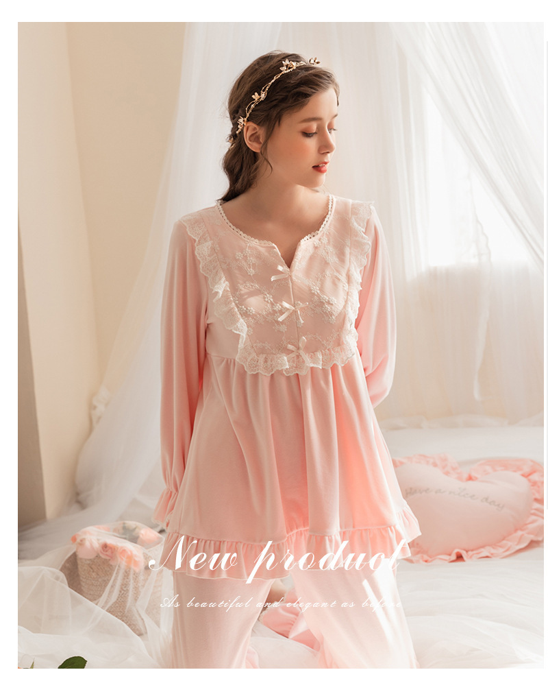 秋冬新品可爱甜美公主睡衣女蕾丝绒保暖家居服烟纱散花套装
