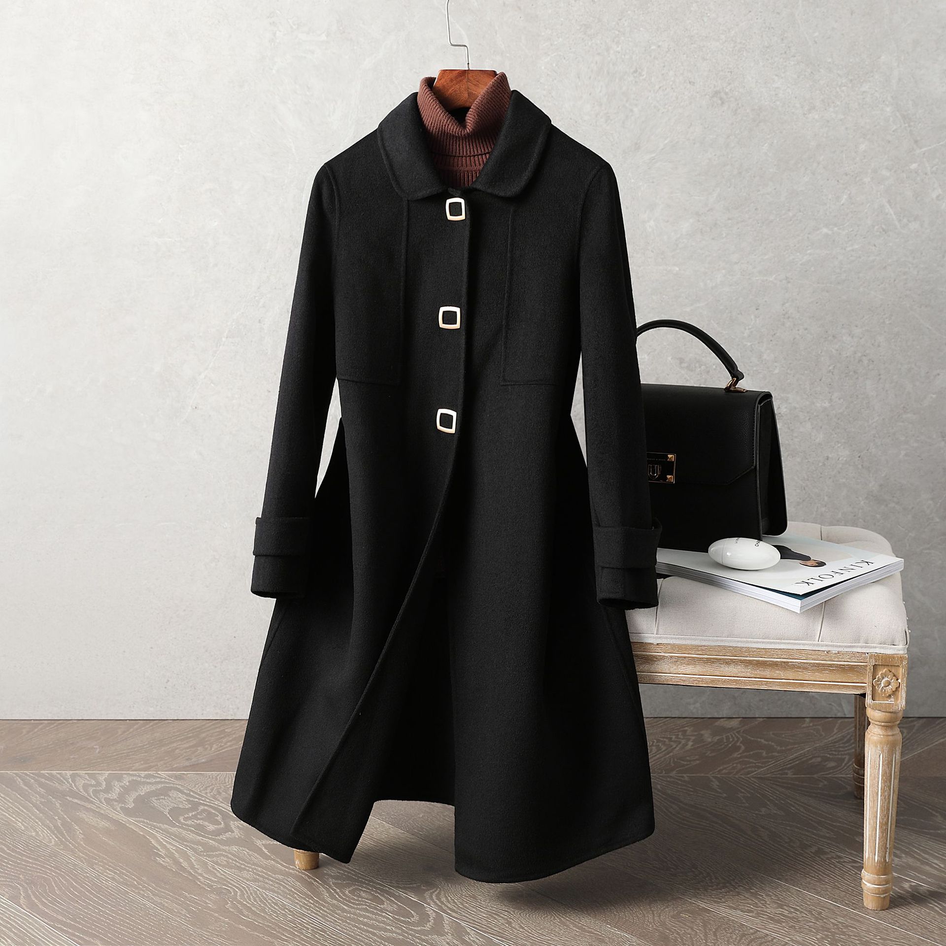 2020春秋冬新款手缝素板双面呢子大衣女长款高档直筒修身羊绒外套