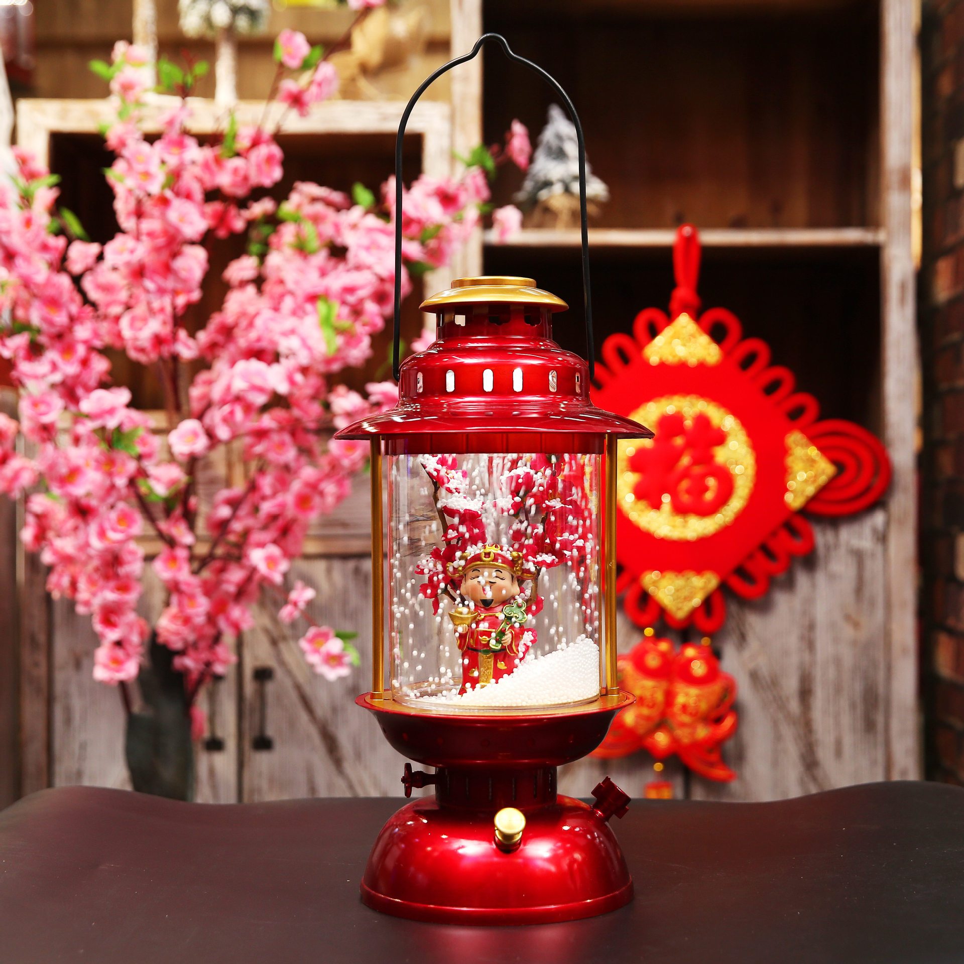新年飘雪煤油灯春节金属红飞雪走马灯过年下落瑞雪摆灯元宵节花灯
