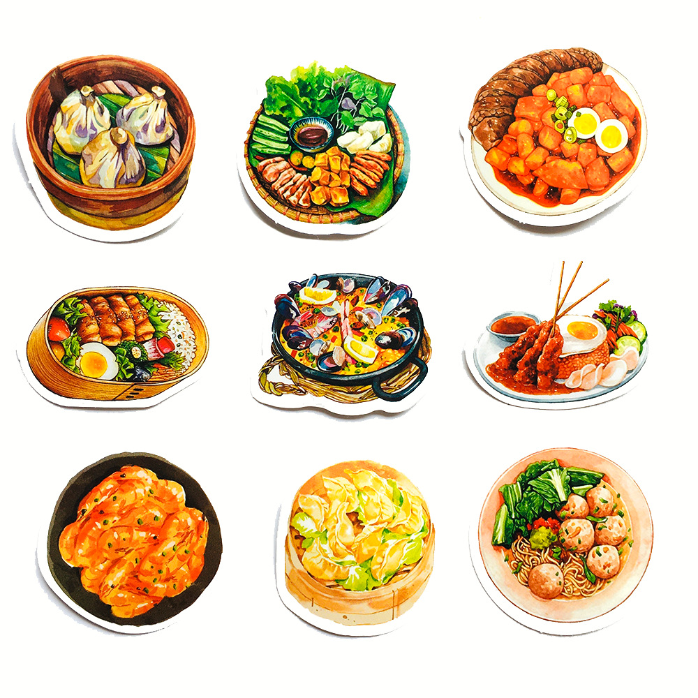 47张可爱卡通美食涂鸦pvcmini手账贴纸食物厨房拉杆箱行李箱吉他