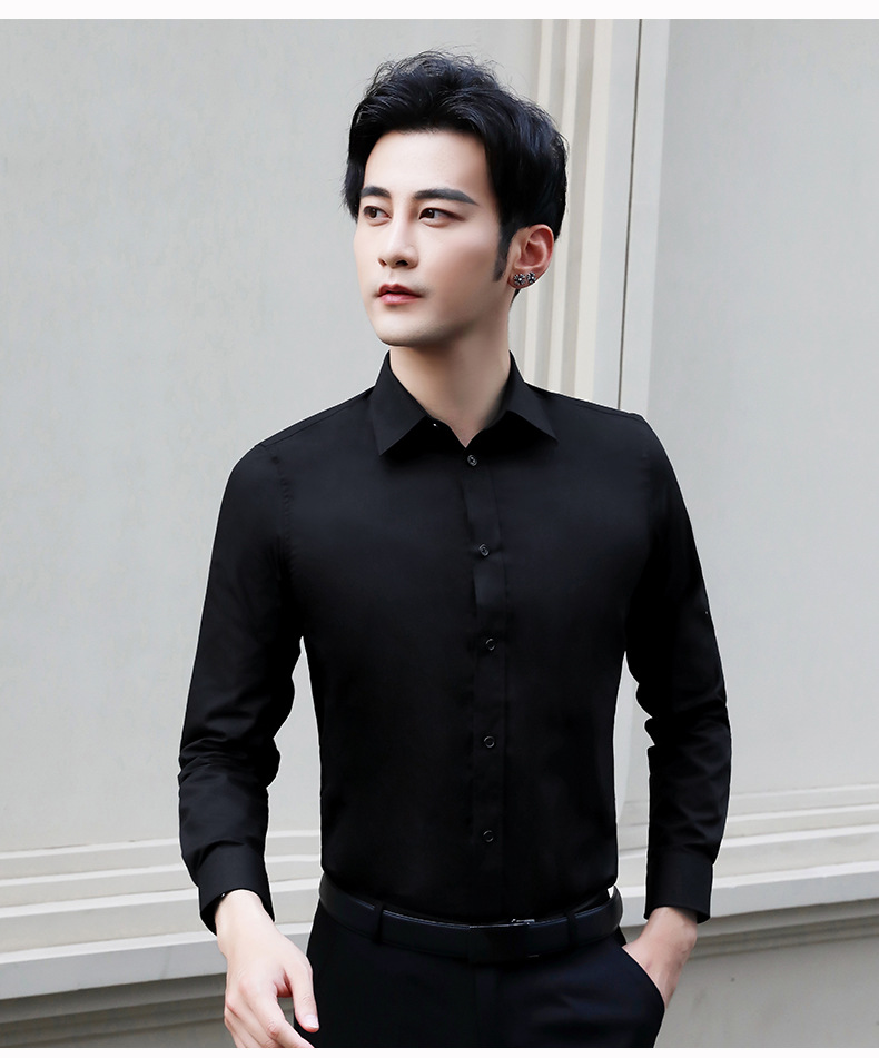 黑色纯棉男士衬衣上班簇商务休闲职业正装工作黑白色衬衫