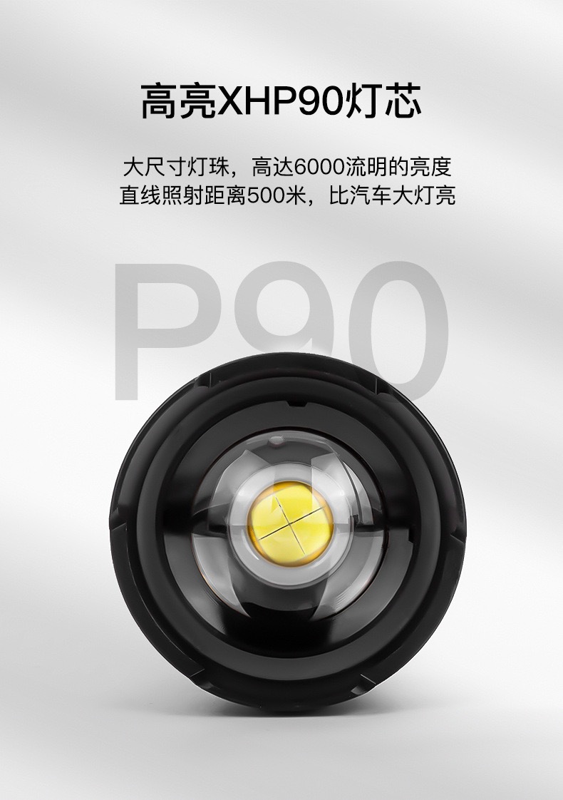 跨境新款p90超强光远射防水手电筒usb充电式户外照明防身手电筒