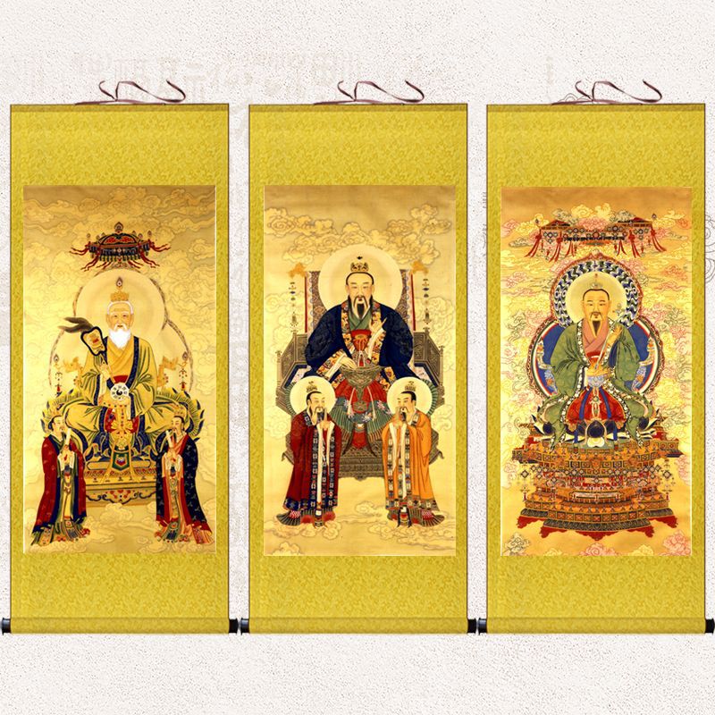 三清主师画像神像丝绸卷轴画供奉元始天尊太上老君字画新中式挂画