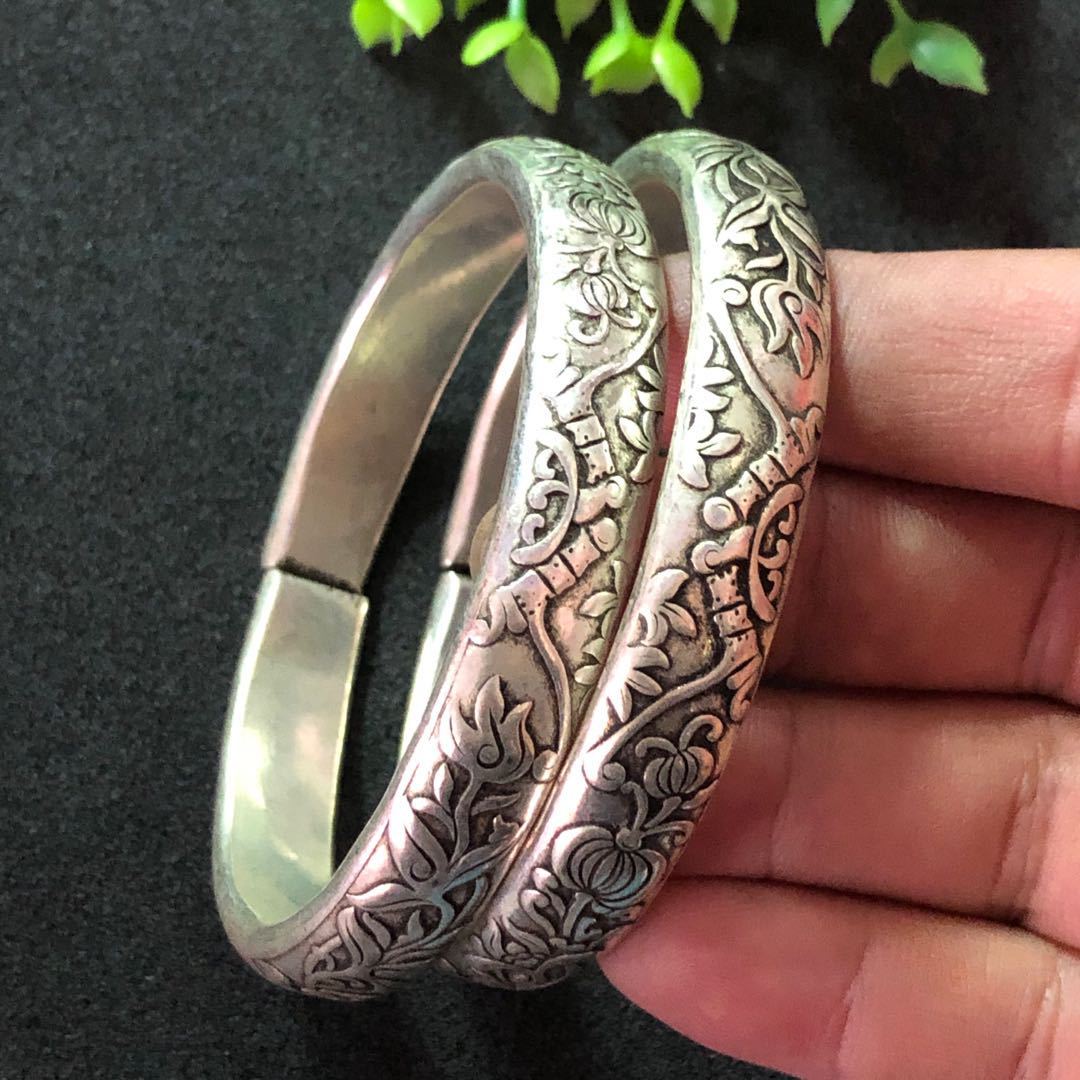 批发藏银苗银手镯 复古民族风荷花鱼款足银手镯 民间工艺饰品