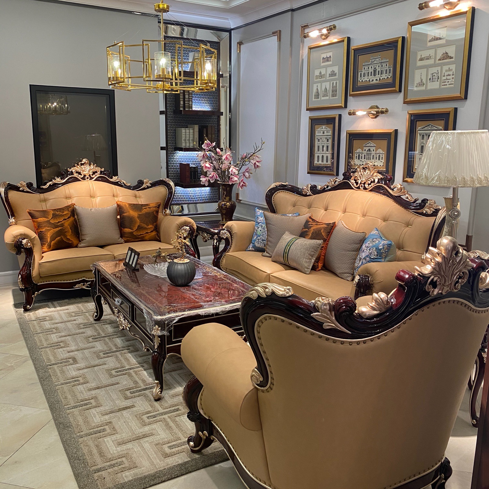 0成交0个参谋英式亚历山大皮艺沙发别墅客厅实木描金单椅沙发茶几组合