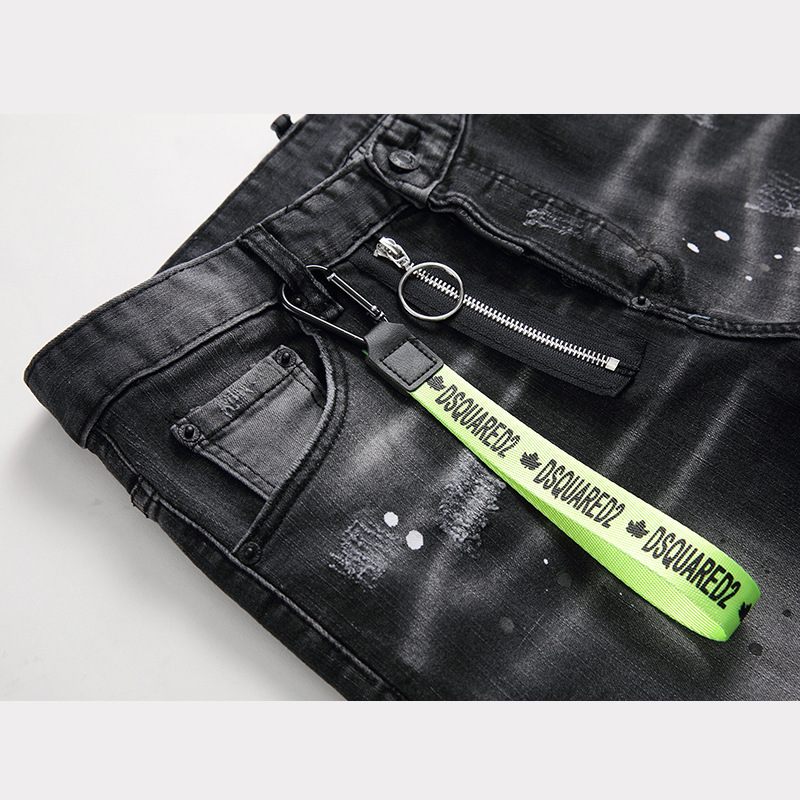 Exclusive for Cross-Border Black Paint Ripped Wild European and American Version Zipper Decorations Personality New Jeans Male D2