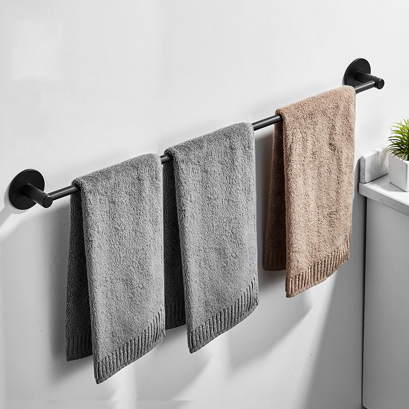 免打孔浴室毛巾架卫生间毛巾挂杆厕所太空铝黑色北欧单杆壁挂加长