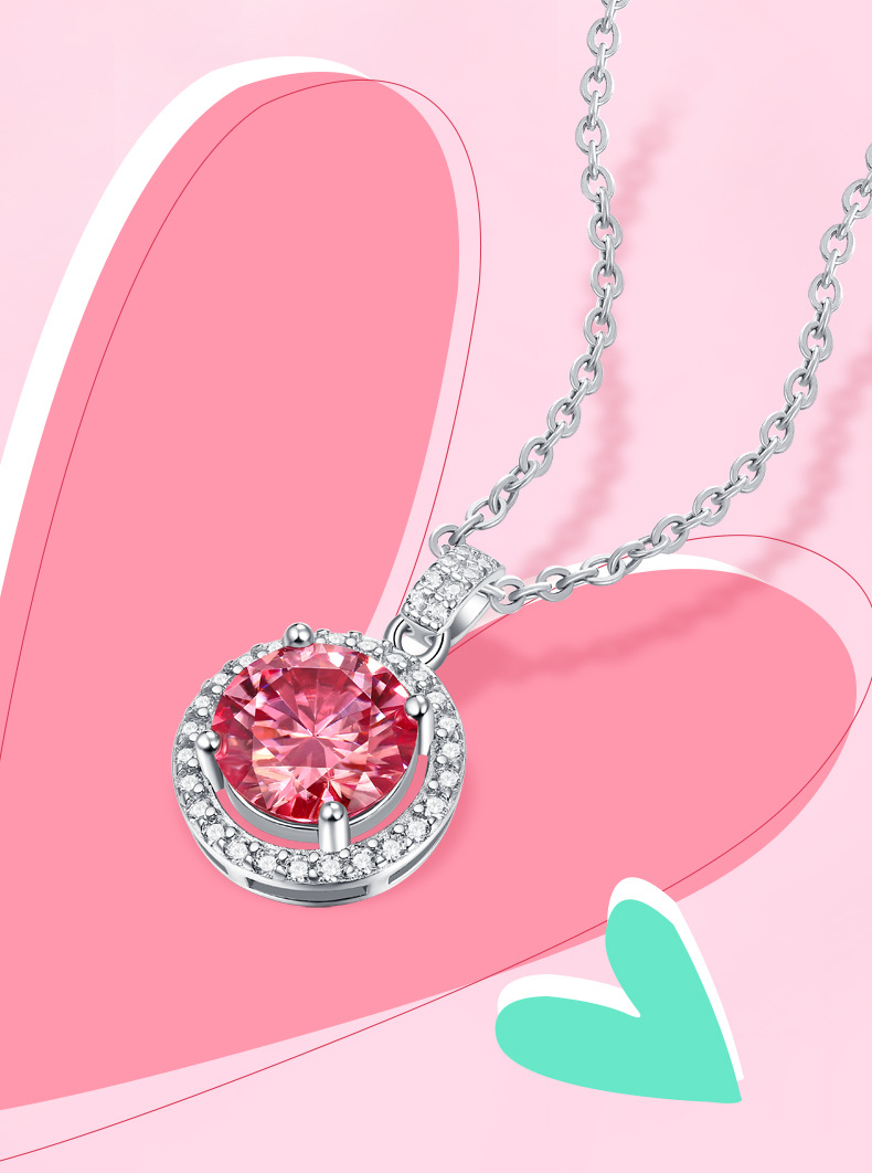 s925银镶粉红色莫桑石爱情邂逅女款圆饼项链吊坠现货批发工厂定制