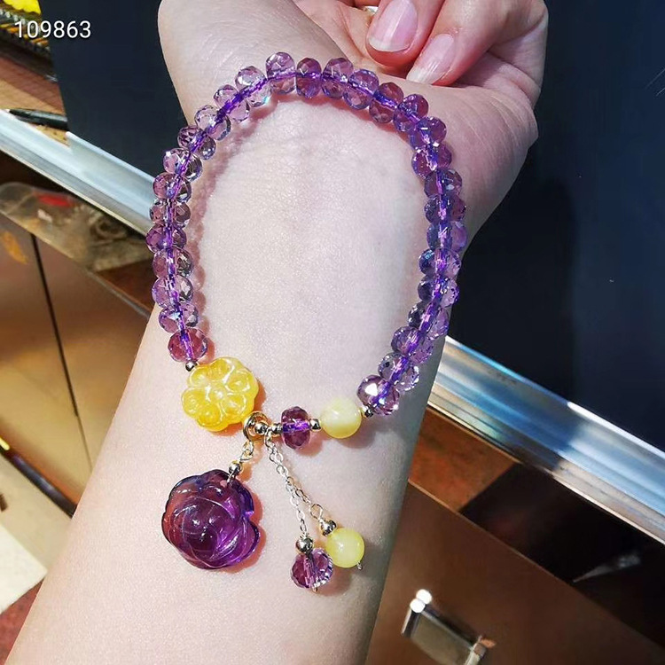 自然紫水晶盘珠手链搭配蜜蜡小花紫水晶雕刻小花吊坠