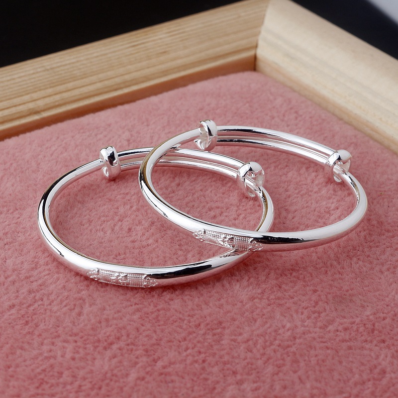 通体999足银宝宝手镯福字男女婴儿小孩推拉款纯银镯子满月礼物