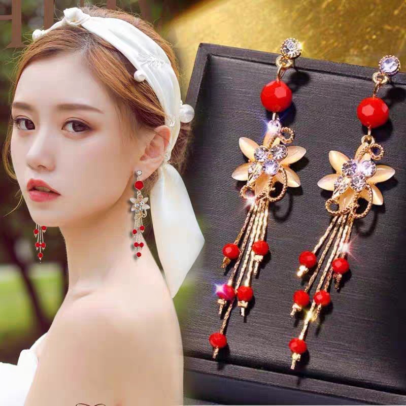 925银针花朵新娘结婚耳环韩式 森系气质夸张红珠长款个性流苏耳饰
