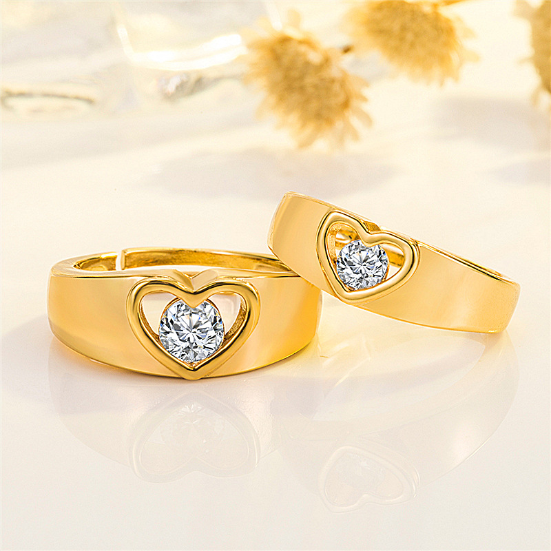 镀黄金情侣戒指一对男女款 时尚韩版镶钻心形对戒 仿真金结婚戒指