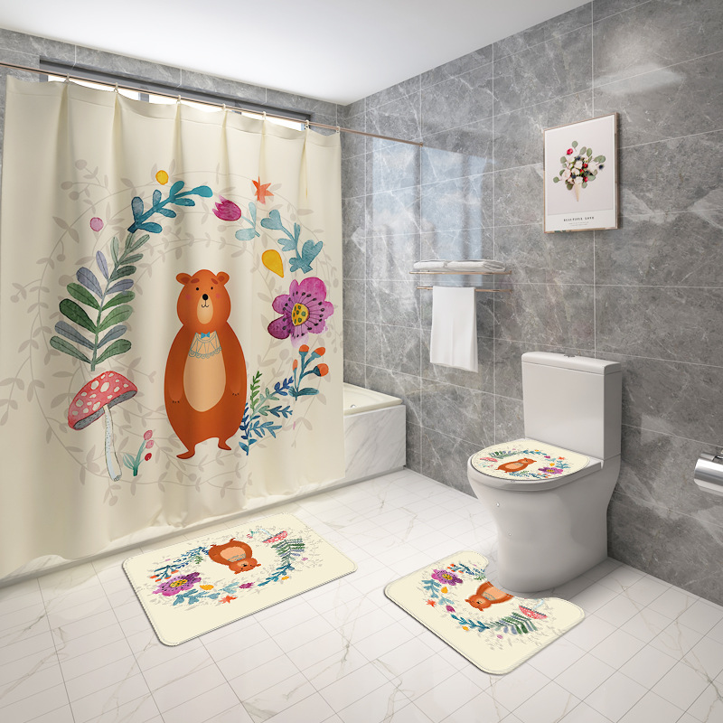 Cross-Border Cute Cartoon Rabbit Bear Printed Waterproof Shower Curtain Four-Piece Toilet Carpet Set for Bathroom
