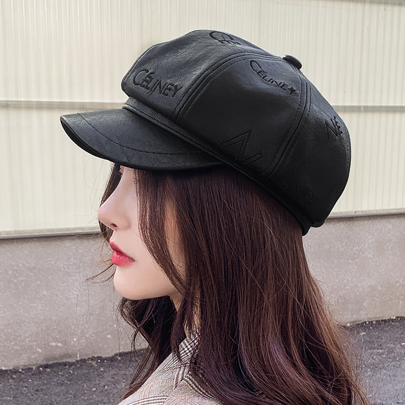 秋冬季韩版女士字母绣花八角棒球帽时尚仿真皮贝雷鸭舌帽子批发