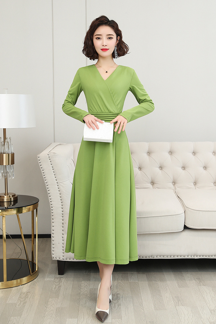 2020新品长款连衣裙女春夏款过膝到脚踝超长裙v领收腰显瘦a字裙子