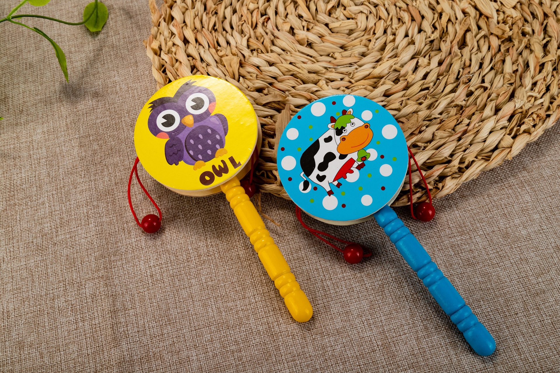 木制婴幼儿童卡通拨浪鼓传统早教木质波浪鼓玩具木质婴儿音乐玩具