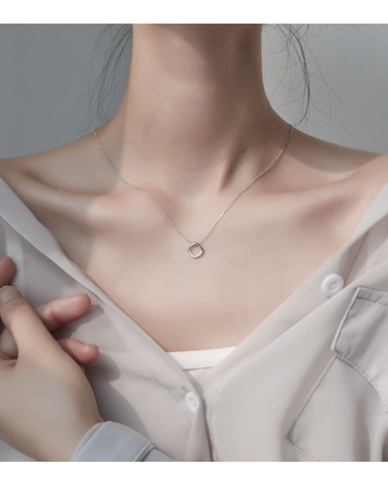 925纯银几何方形项链女 小众设计感锁骨链简约气质吊坠颈链潮网红