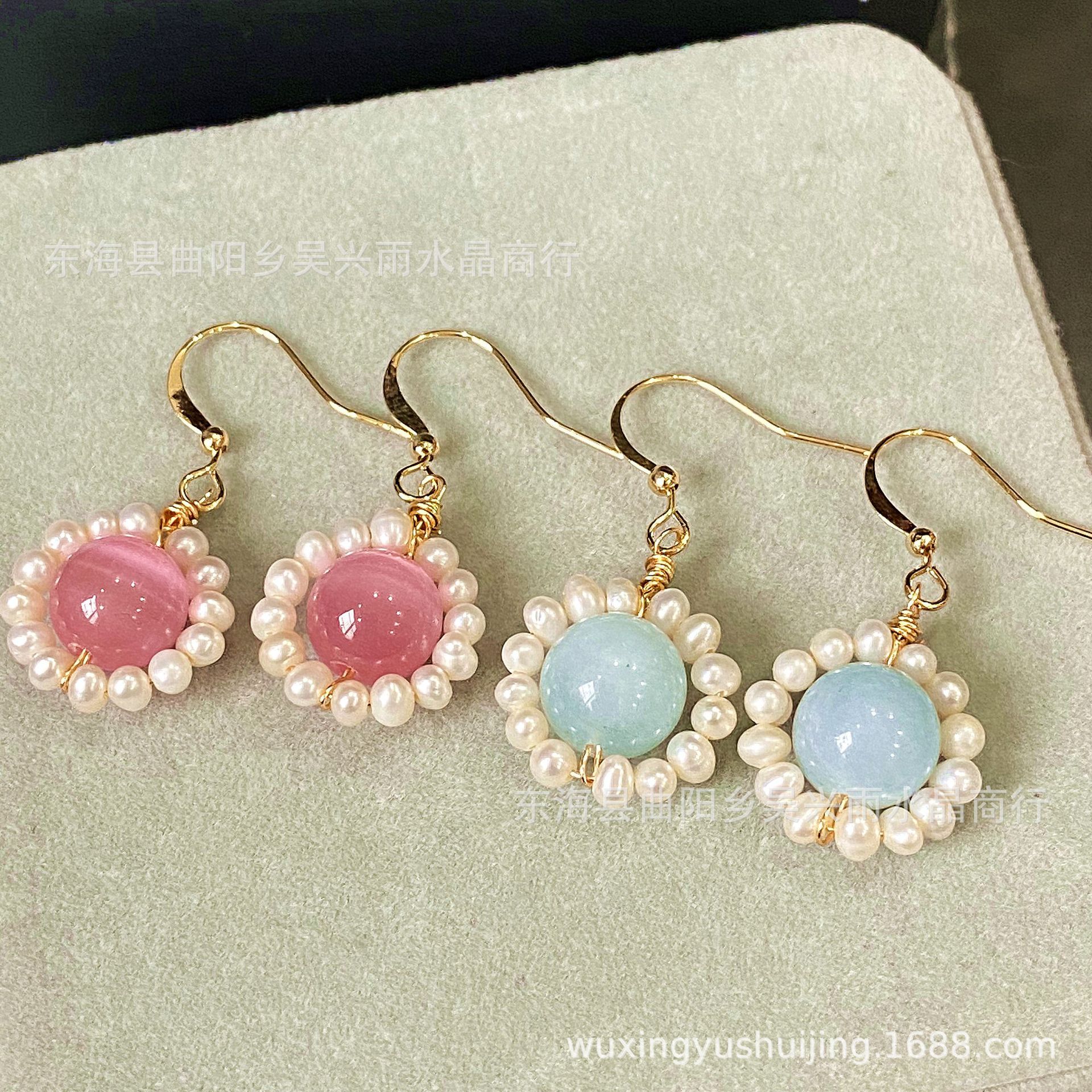 绕线手工14k包金的猫眼石 天然珍珠加海蓝宝耳钩耳坠耳环耳钉耳饰