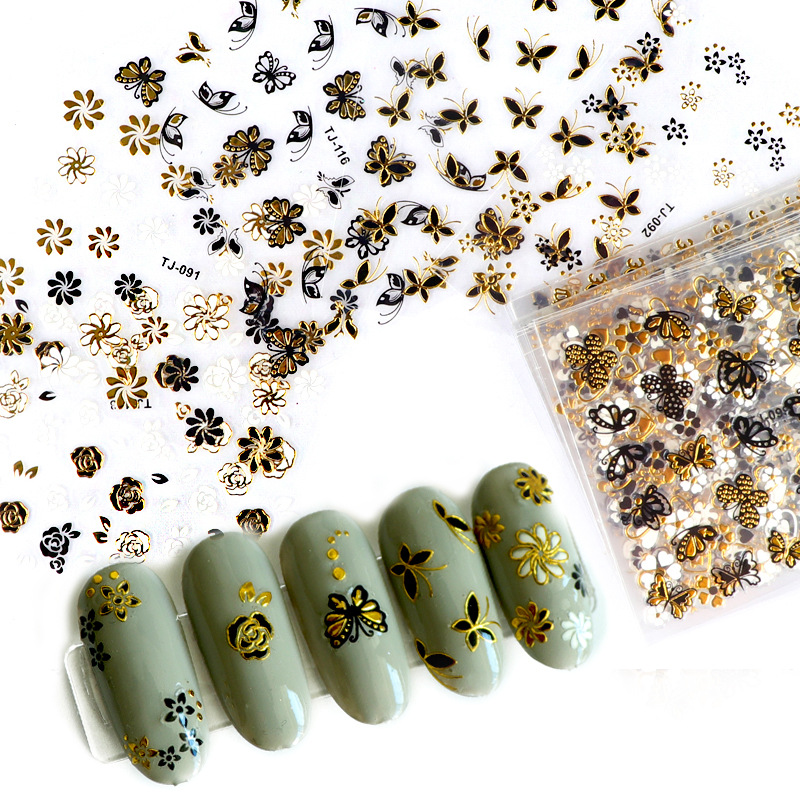 3D Nail Art Gold Foil Stickers Butterfly Flower Valentine's Day Nail Art Back Glue 30 Pieces a Pack of Nail Sticker