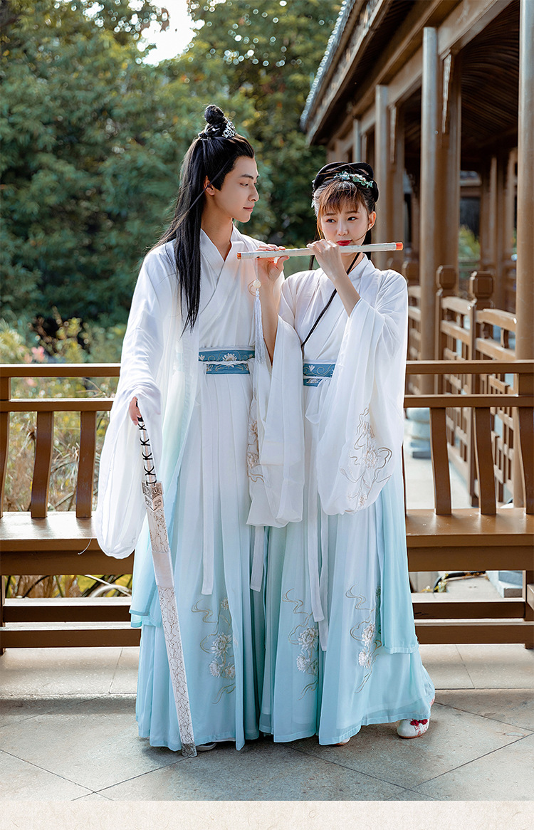 原创汉服 刺绣交领齐腰大袖三件套印花渐变清新古装仙侠男女情侣
