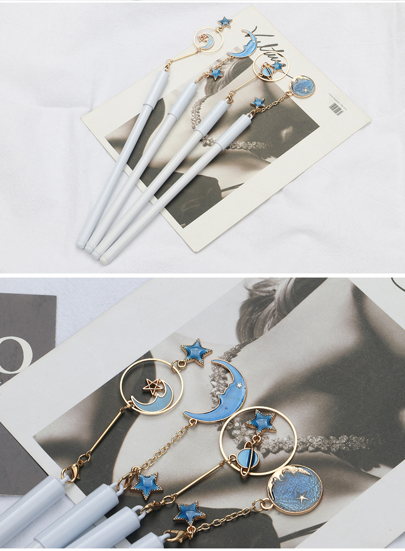 新款创意星星月亮吊坠笔创意中性笔少女挂件中性学生水性笔