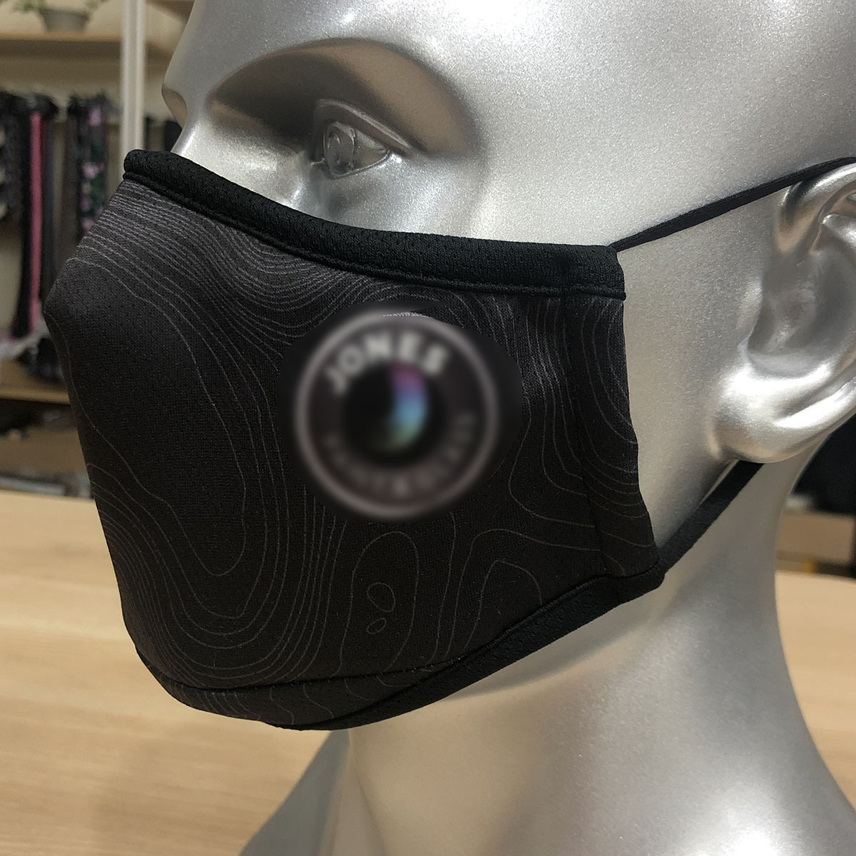 客户纯黑针孔透气布口罩黑色内里黑包边黑耳绳口袋款调节口罩